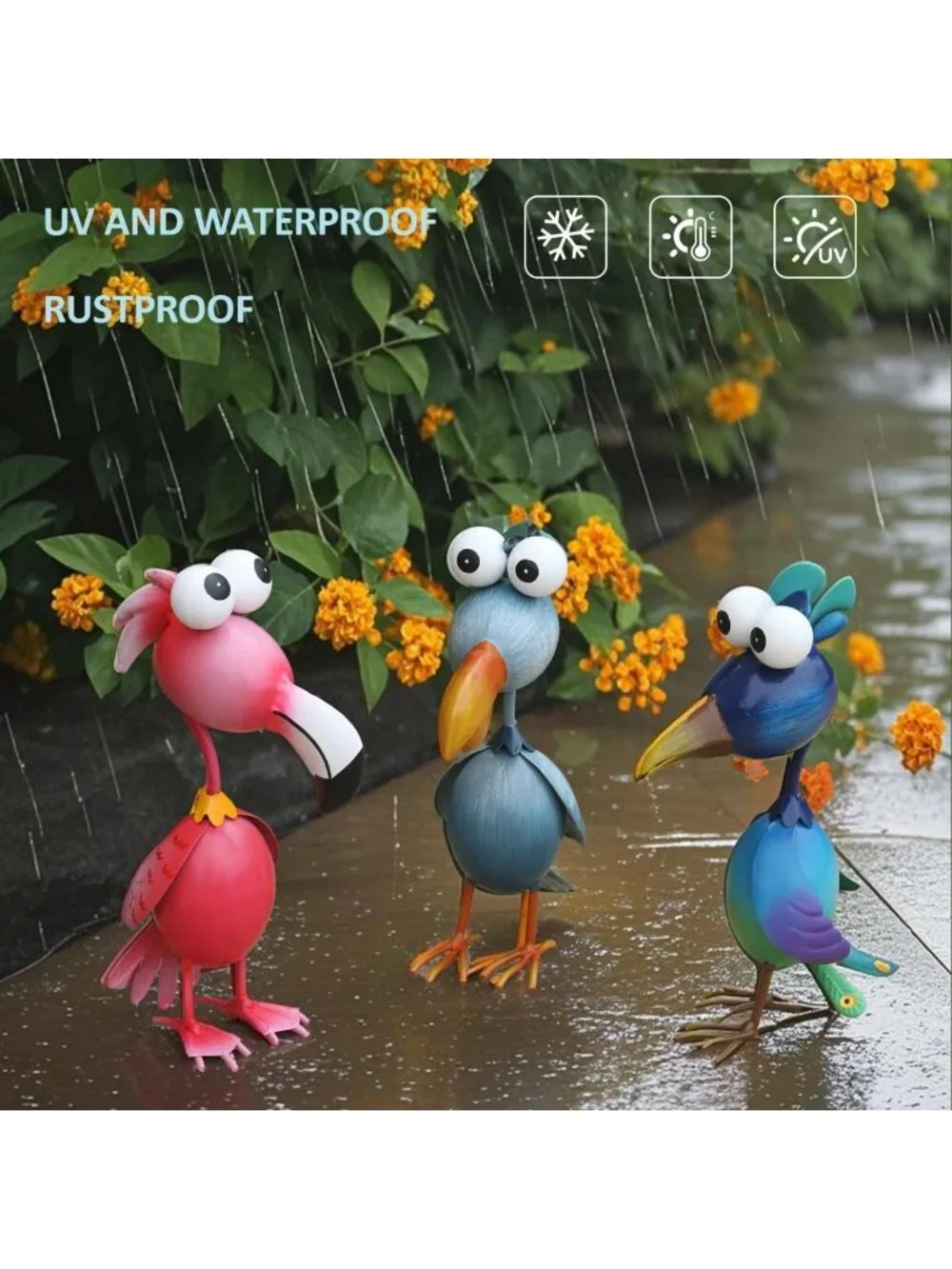 Outdoor Metal Bird Garden Decor - Flamingo, Peacock & Pelican Statues Set of 3